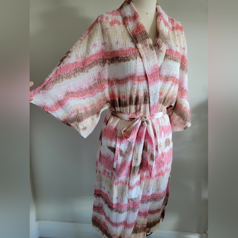 ZARA robe beach cover up with side slits, in tie dye pink, white and tan colour